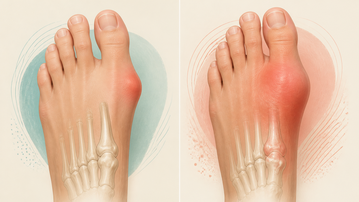 Educational comparison of gradual bunion prominence and acute joint inflammation patterns