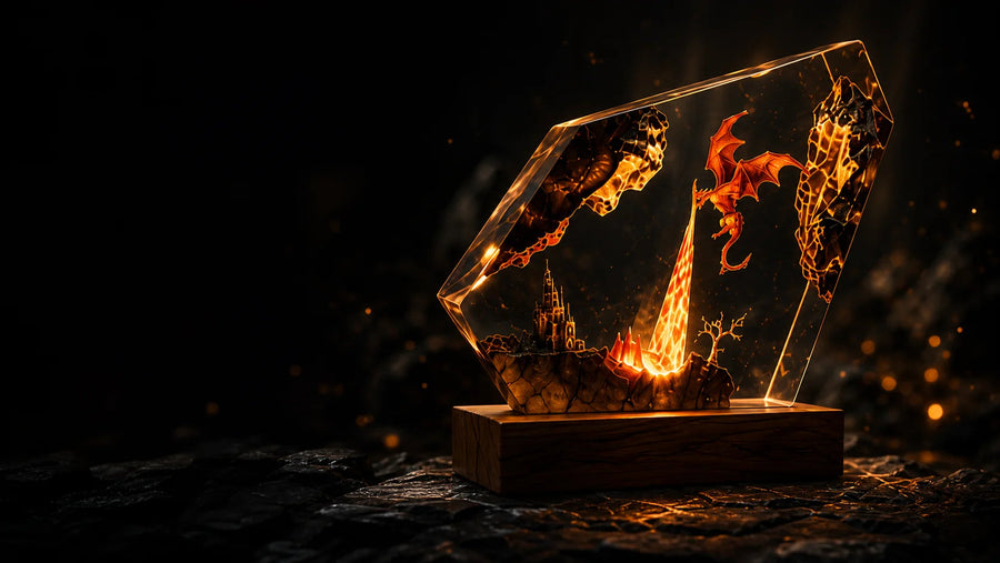 Dragon Flame volcanic dragon world glowing amber inside faceted clear resin on a wood base