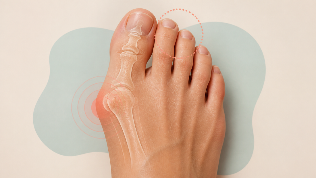 Educational big-toe drift illustration with a limited skeletal overlay