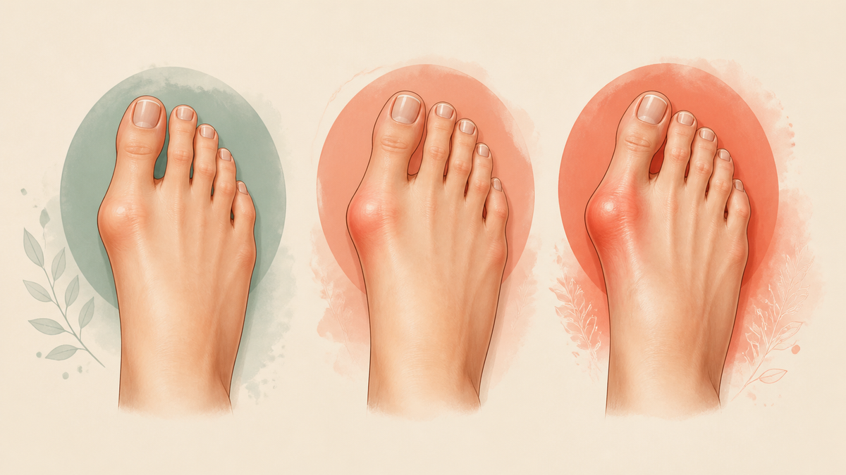 Educational comparison of mild, moderate and advanced bunion appearance