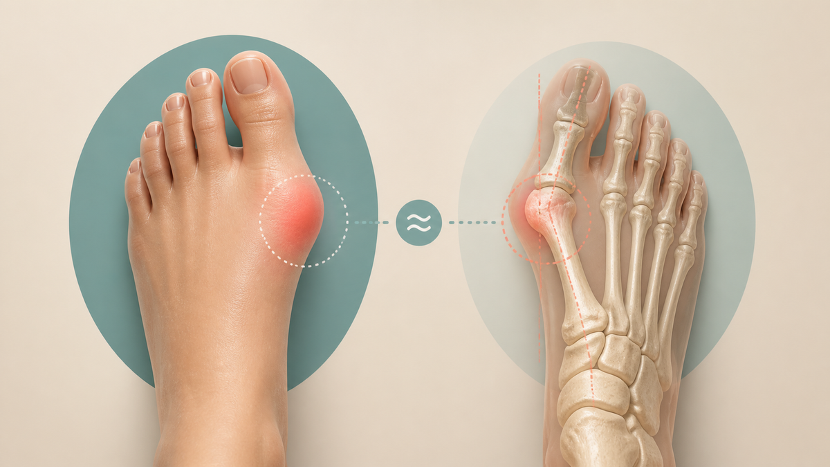 Illustration connecting the visible bunion bump with hallux-valgus bone alignment