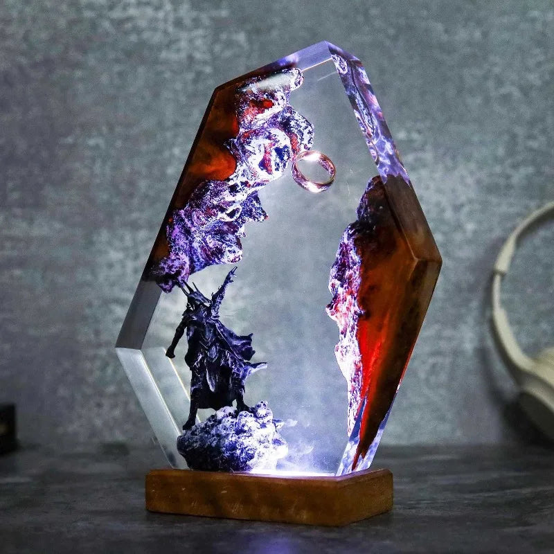 Shadow Sovereign, armored shadow sovereign beneath a suspended ring in resin, illuminated in violet, white, and amber light