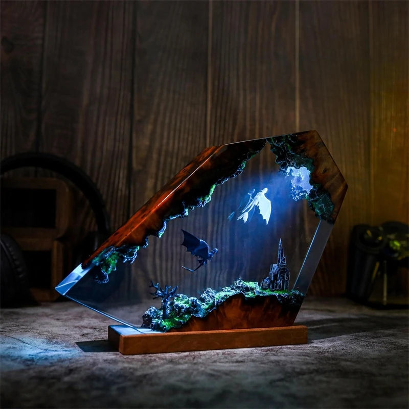 Close view of pale birds crossing above a distant spire in clear resin with hand-finished texture and cool violet and blue light