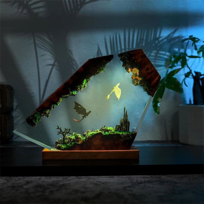 Side view of pale birds crossing above a distant spire in clear resin showing clear sculptural depth and illuminated detail