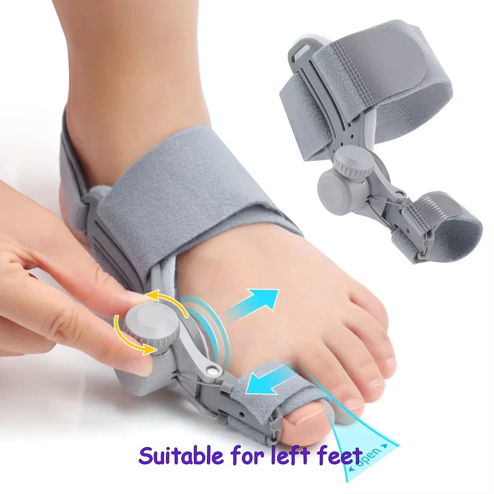Left-foot adjustable bunion corrector with rotating knob