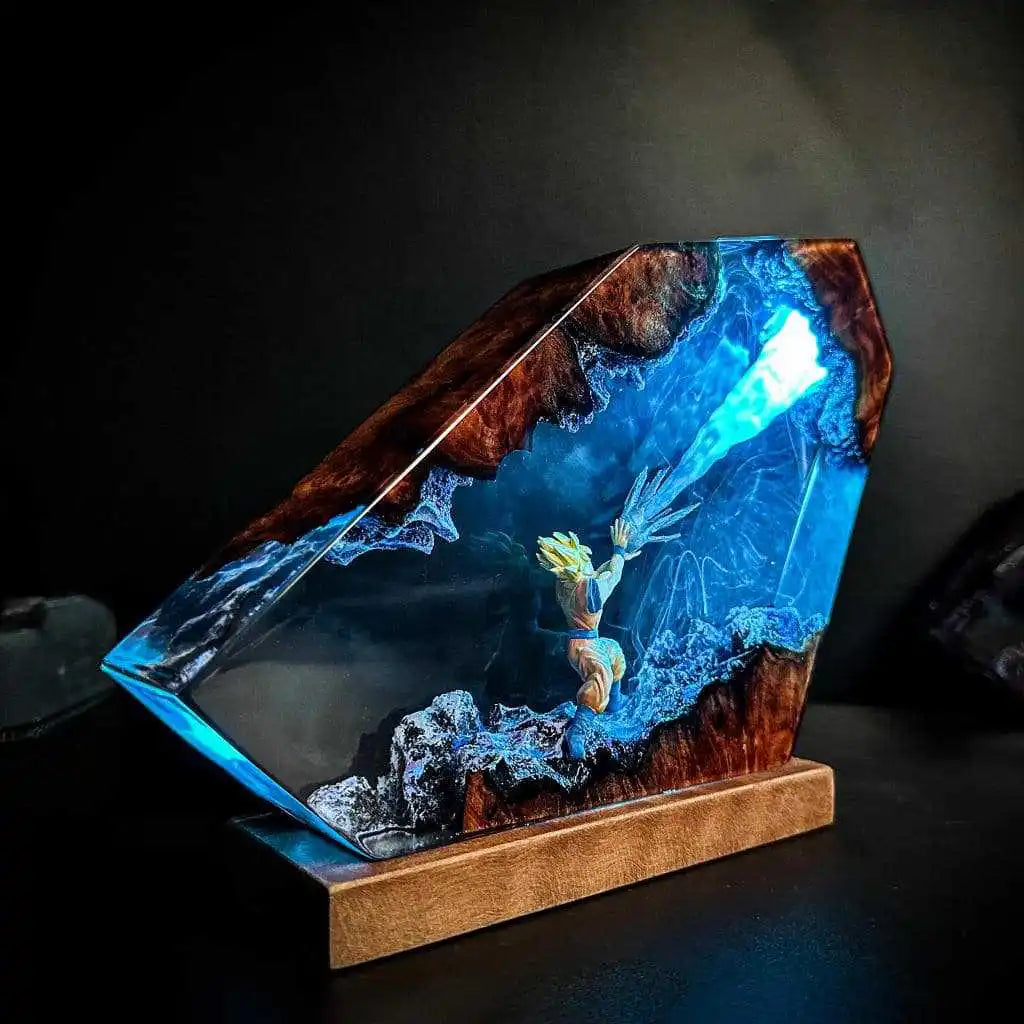Side view of fighter directing a blue energy current through clear resin showing clear sculptural depth and illuminated detail
