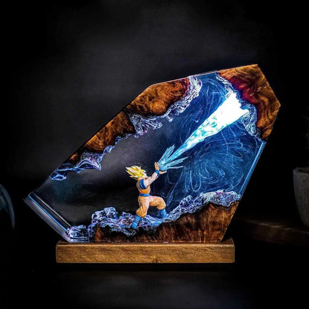 Angled view of fighter directing a blue energy current through clear resin with layered depth and electric blue light
