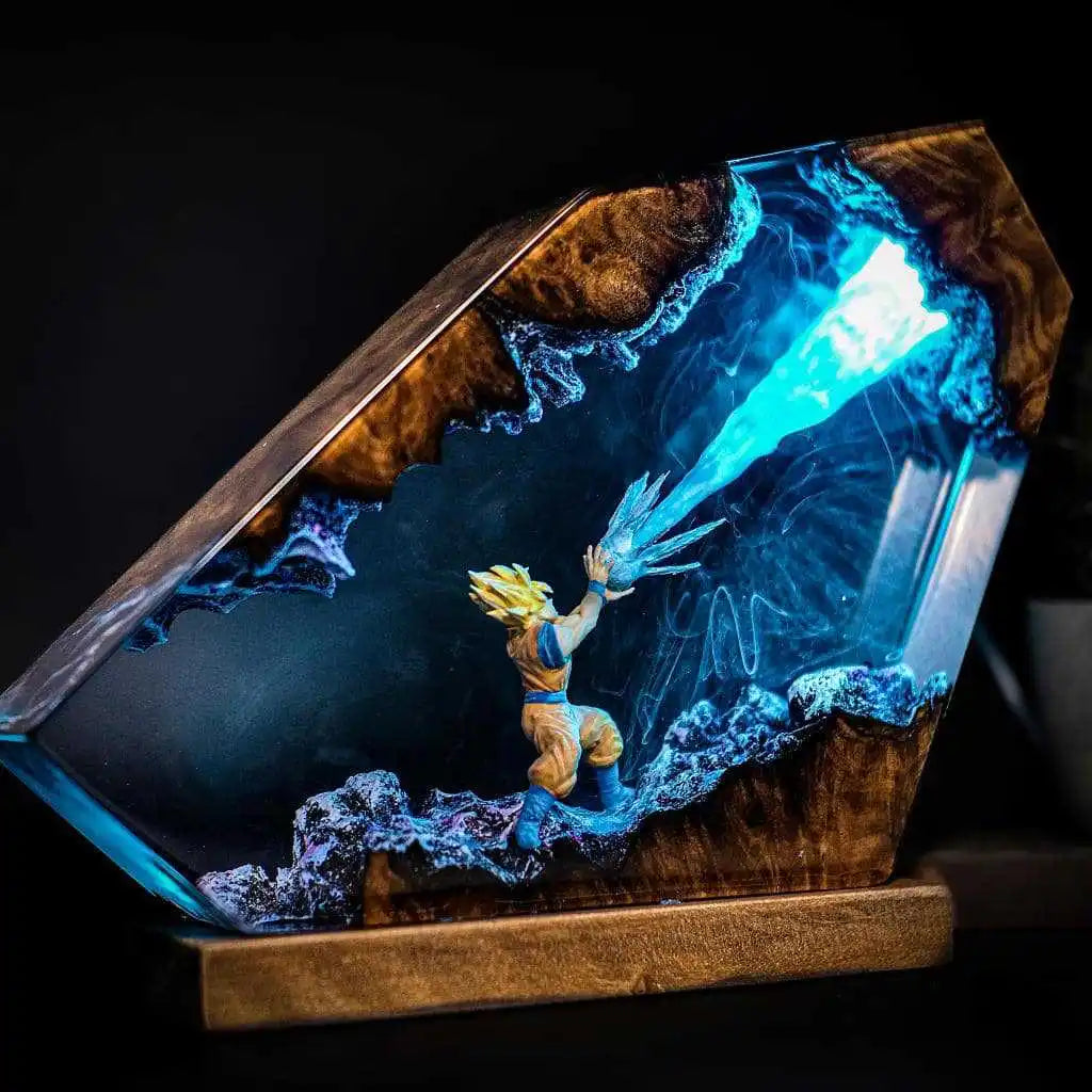Close view of fighter directing a blue energy current through clear resin with hand-finished texture and electric blue light