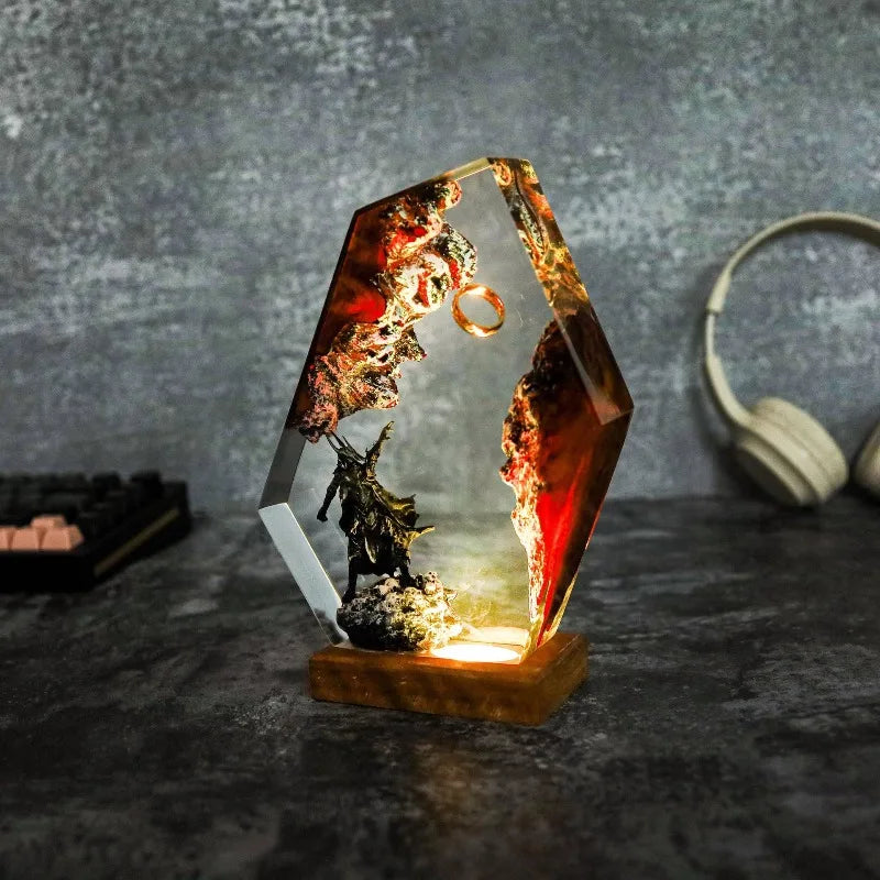 Angled view of armored shadow sovereign beneath a suspended ring in resin with layered depth and violet, white, and amber light