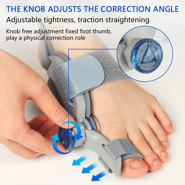 Hand gradually turning the bunion corrector adjustment knob