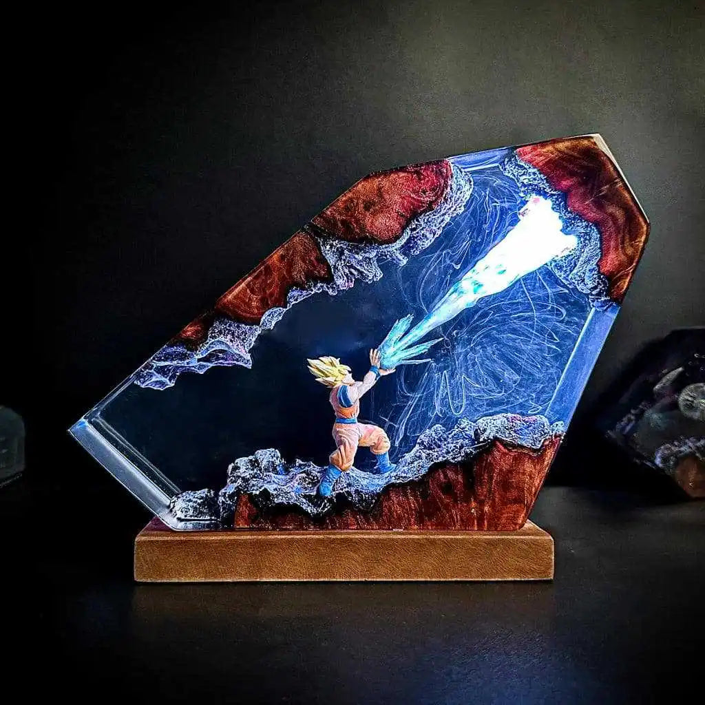 Azure Vanguard, fighter directing a blue energy current through clear resin, illuminated in electric blue light