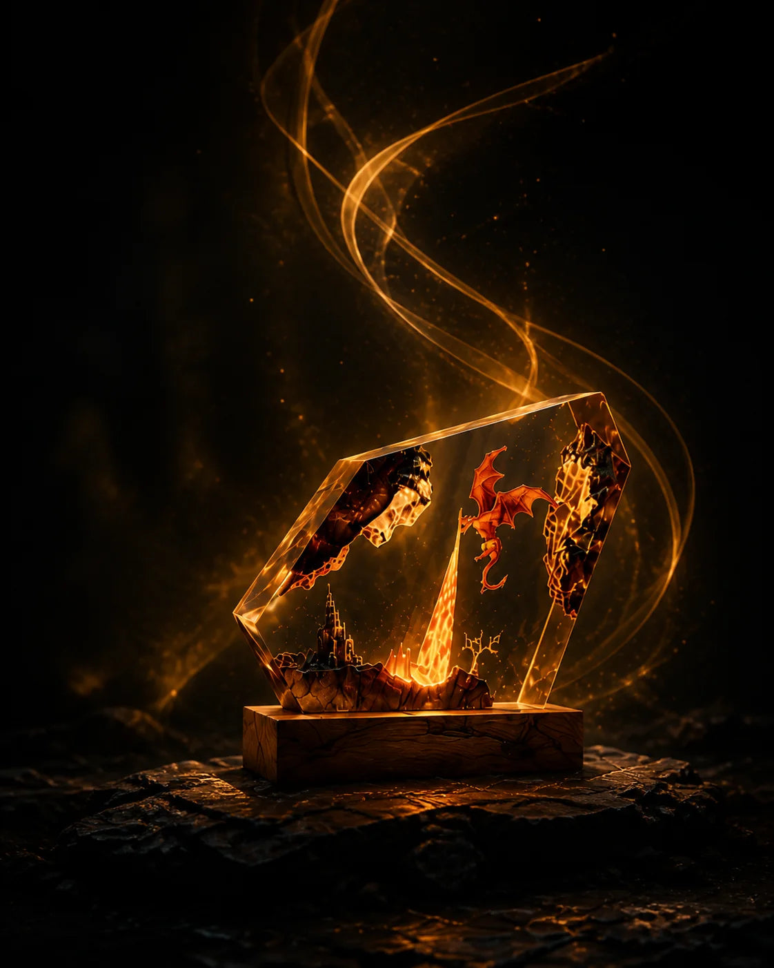 Dragon Flame dragon silhouette and volcanic terrain illuminated in ember-orange resin