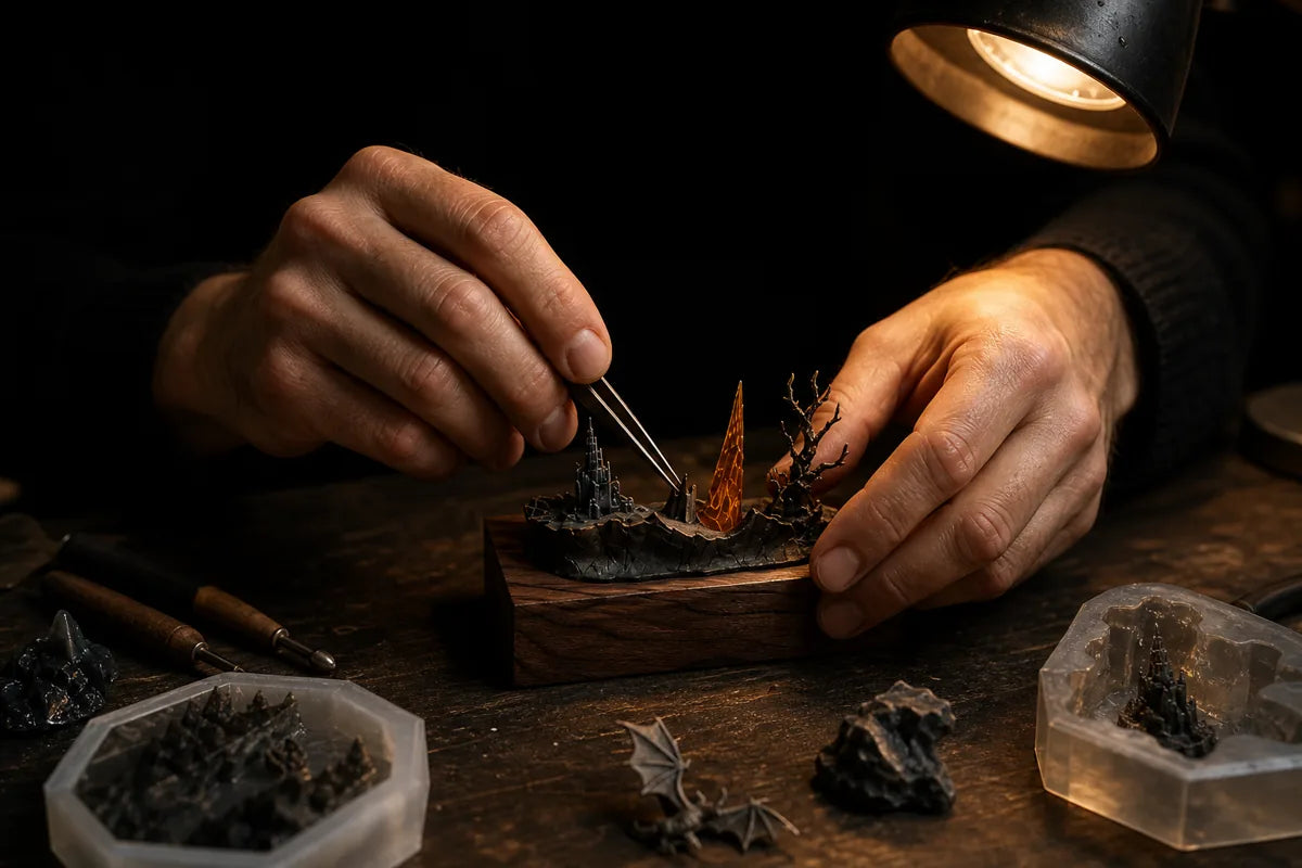 Close craftsmanship view of layered dragon, resin fissures, and warm wood detail