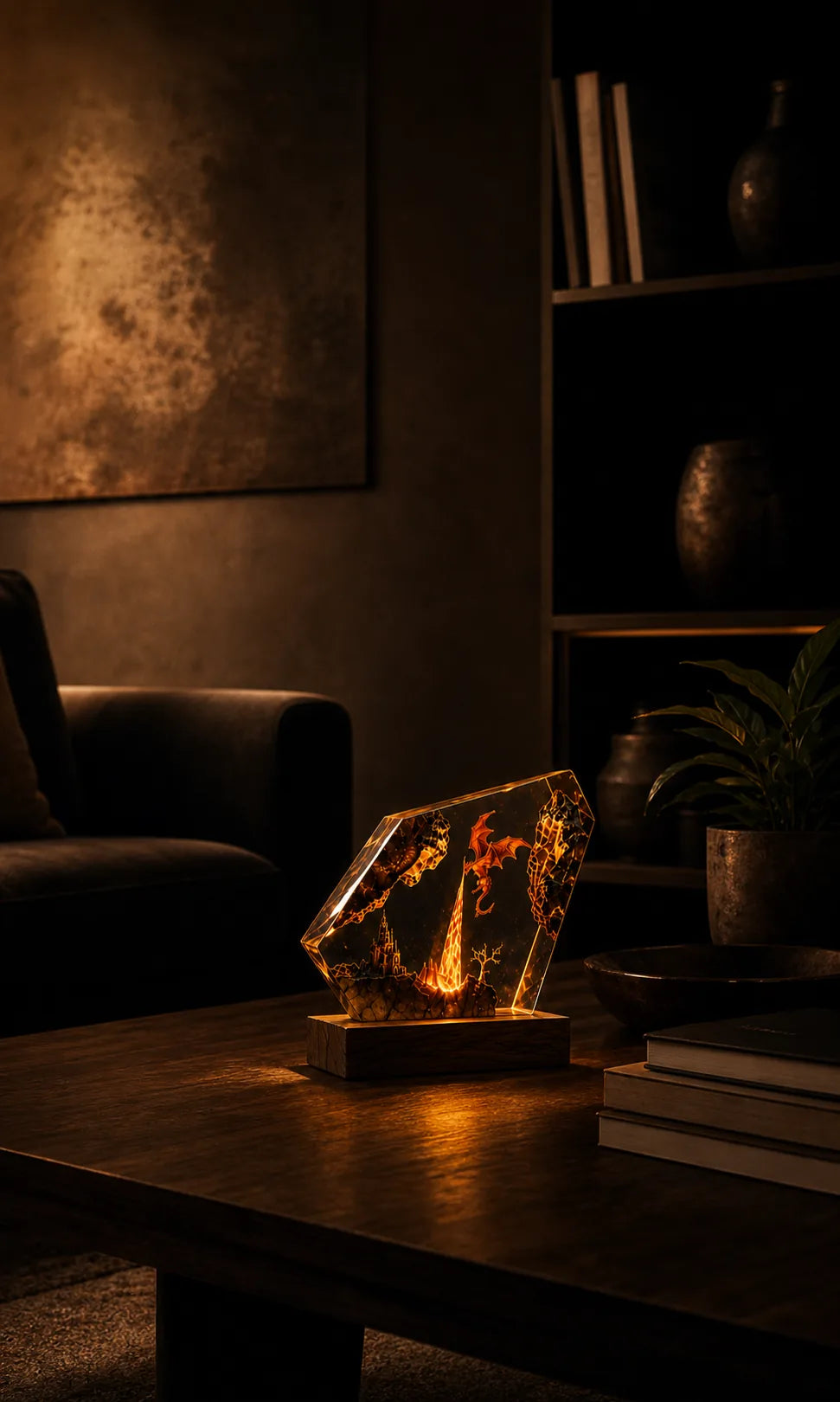 Dragon Flame resin sculpture displayed on a dark console with warm atmospheric light